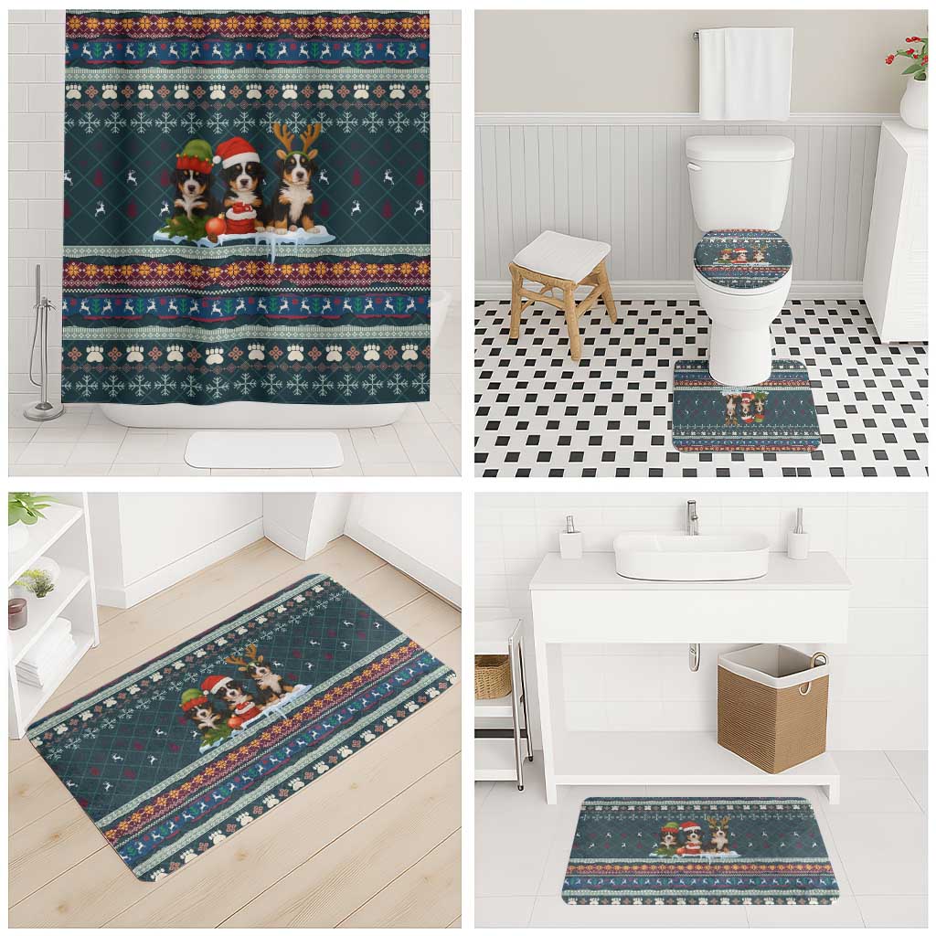 Bernese Mountain Dogs in Holiday Costumes Bathroom Set with Green Snowflake Pattern Design - Wonder Print Shop