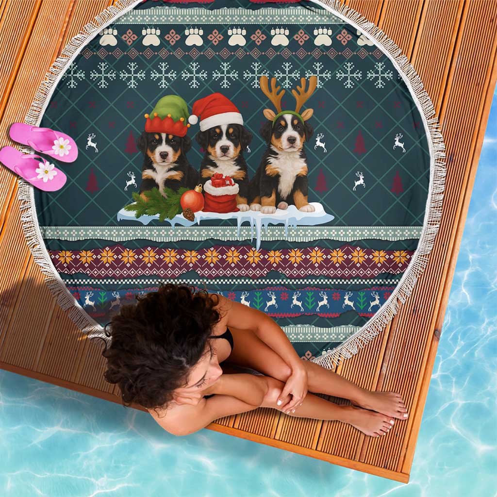 Bernese Mountain Dogs in Holiday Costumes Beach Blanket with Green Snowflake Pattern Design - Wonder Print Shop