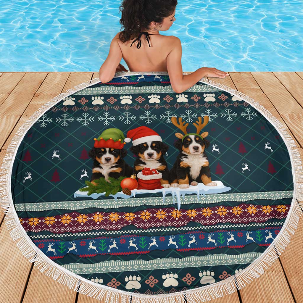 Bernese Mountain Dogs in Holiday Costumes Beach Blanket with Green Snowflake Pattern Design - Wonder Print Shop