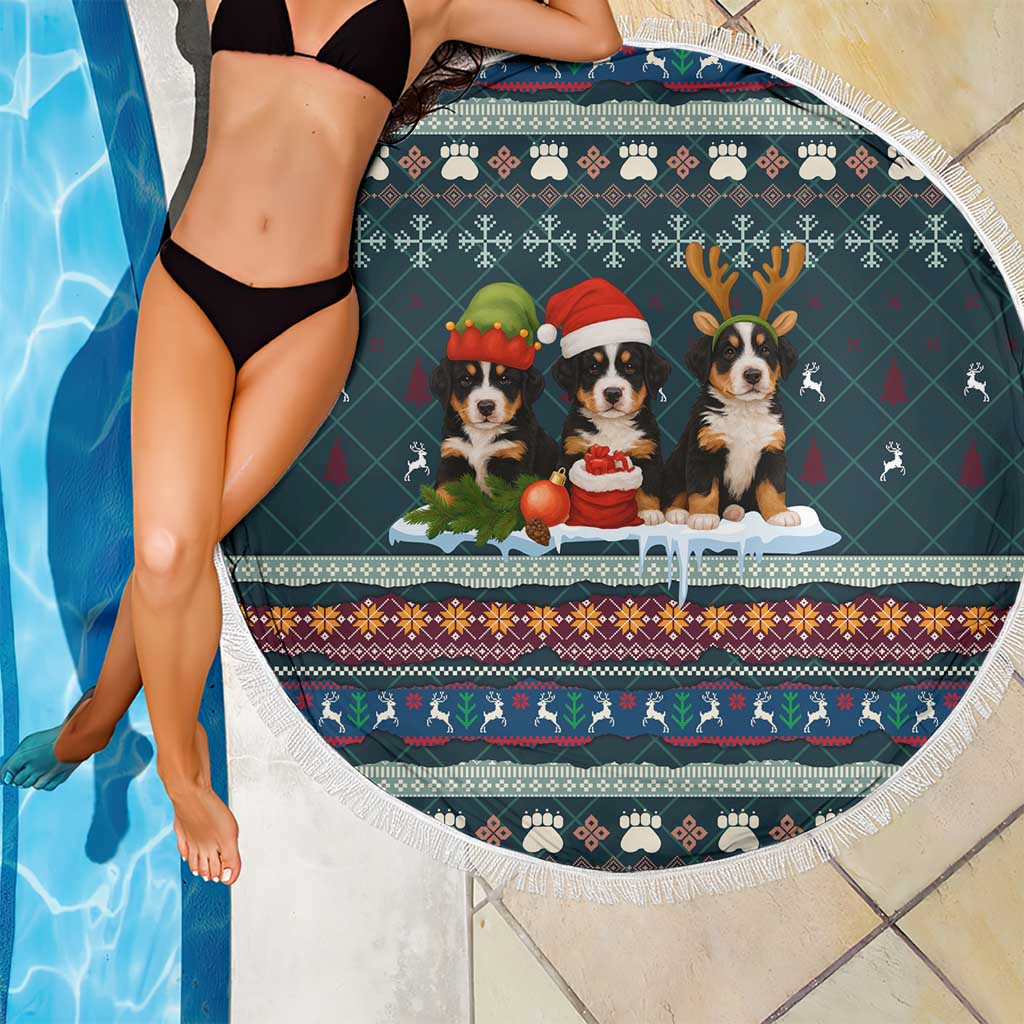 Bernese Mountain Dogs in Holiday Costumes Beach Blanket with Green Snowflake Pattern Design - Wonder Print Shop