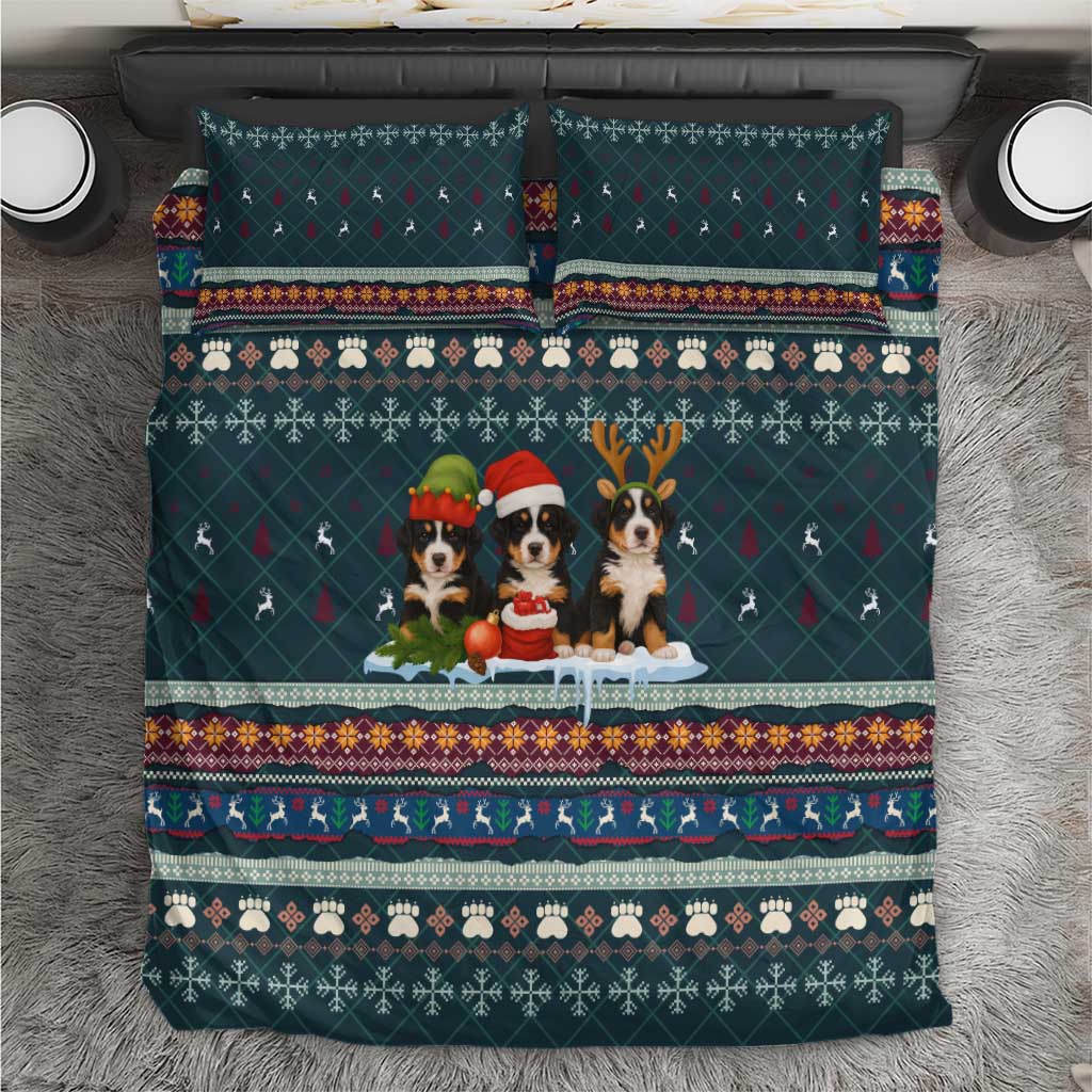 Bernese Mountain Dogs in Holiday Costumes Bedding Set with Green Snowflake Pattern Design - Wonder Print Shop