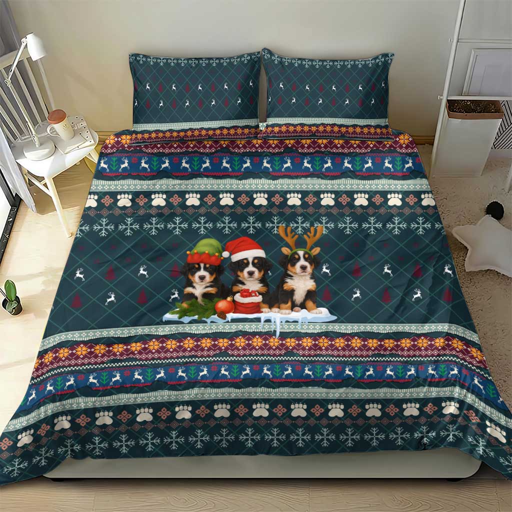 Bernese Mountain Dogs in Holiday Costumes Bedding Set with Green Snowflake Pattern Design - Wonder Print Shop