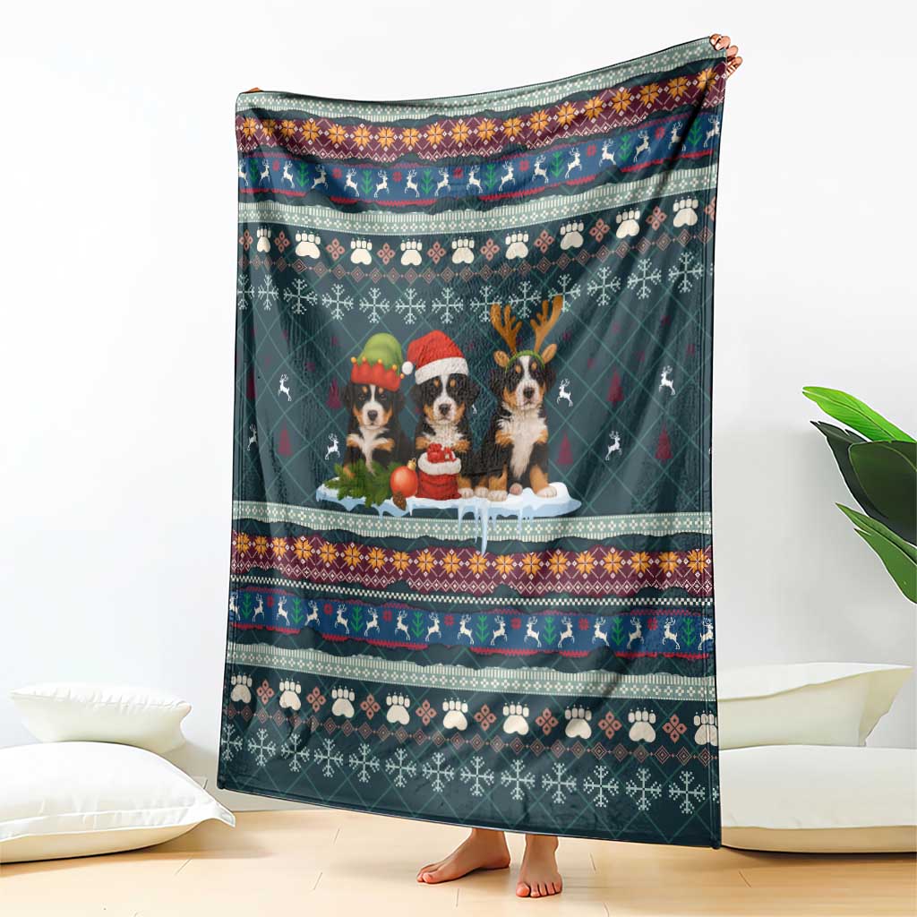 Bernese Mountain Dogs in Holiday Costumes Blanket with Green Snowflake Pattern Design - Wonder Print Shop
