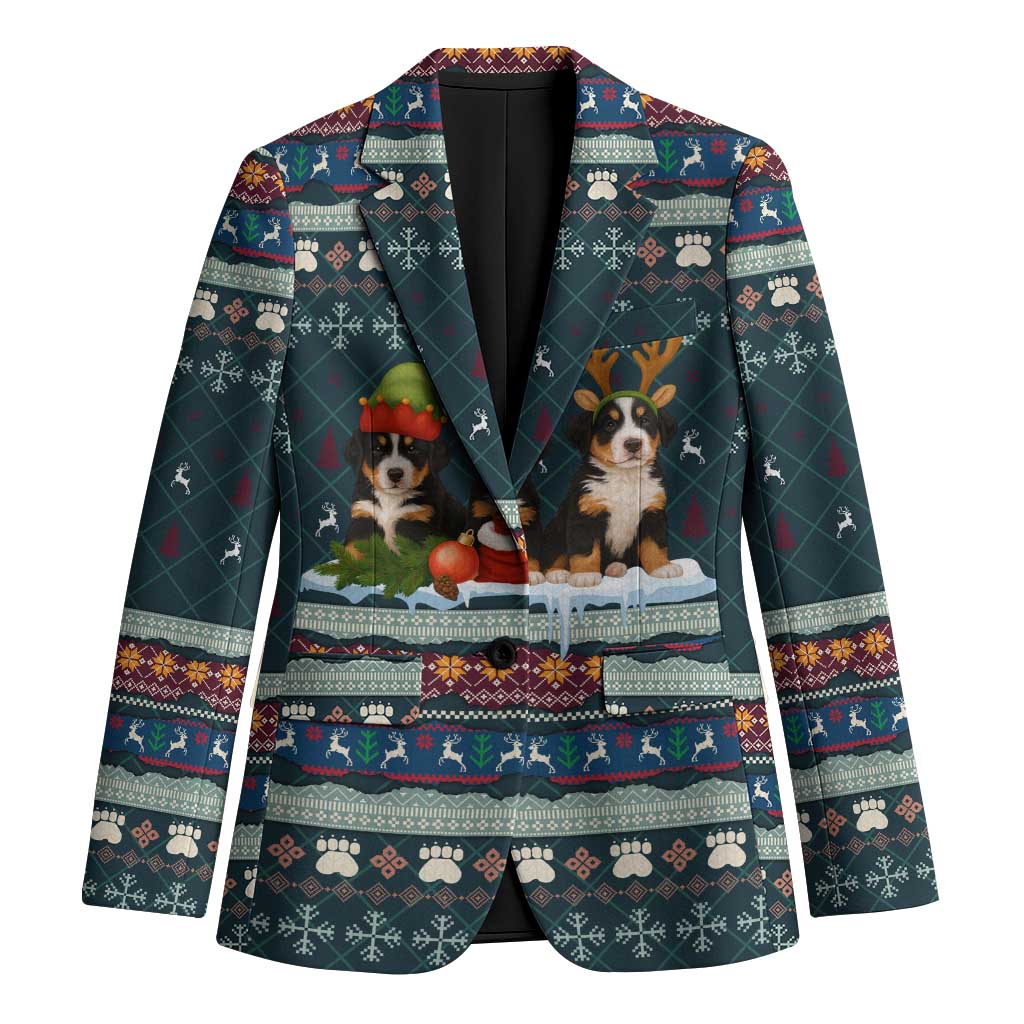Bernese Mountain Dogs in Holiday Costumes Blazer with Green Snowflake Pattern Design - Wonder Print Shop
