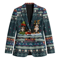 Bernese Mountain Dogs in Holiday Costumes Blazer with Green Snowflake Pattern Design - Wonder Print Shop