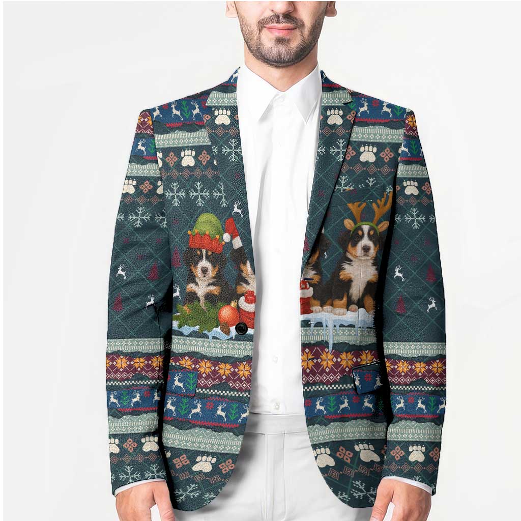 Bernese Mountain Dogs in Holiday Costumes Blazer with Green Snowflake Pattern Design - Wonder Print Shop