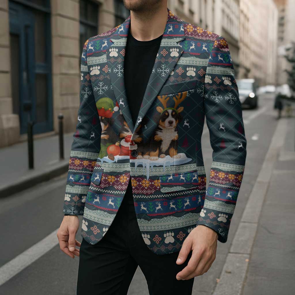Bernese Mountain Dogs in Holiday Costumes Blazer with Green Snowflake Pattern Design - Wonder Print Shop