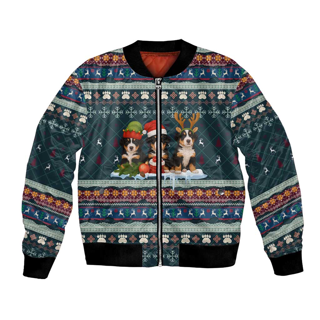 Bernese Mountain Dogs in Holiday Costumes Bomber Jacket with Green Snowflake Pattern Design - Wonder Print Shop