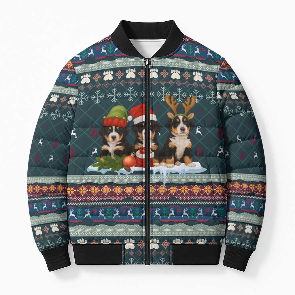 Bernese Mountain Dogs in Holiday Costumes Bomber Puffer Jacket with Green Snowflake Pattern Design - Wonder Print Shop