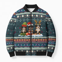 Bernese Mountain Dogs in Holiday Costumes Bomber Puffer Jacket with Green Snowflake Pattern Design - Wonder Print Shop