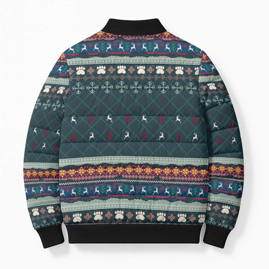 Bernese Mountain Dogs in Holiday Costumes Bomber Puffer Jacket with Green Snowflake Pattern Design - Wonder Print Shop