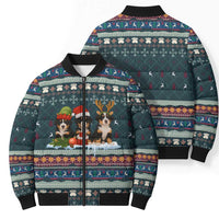 Bernese Mountain Dogs in Holiday Costumes Bomber Puffer Jacket with Green Snowflake Pattern Design - Wonder Print Shop