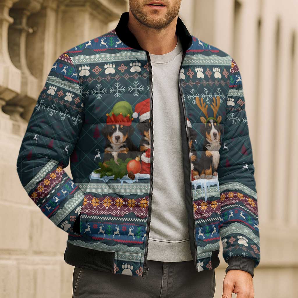 Bernese Mountain Dogs in Holiday Costumes Bomber Puffer Jacket with Green Snowflake Pattern Design - Wonder Print Shop
