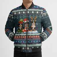 Bernese Mountain Dogs in Holiday Costumes Bomber Puffer Jacket with Green Snowflake Pattern Design - Wonder Print Shop