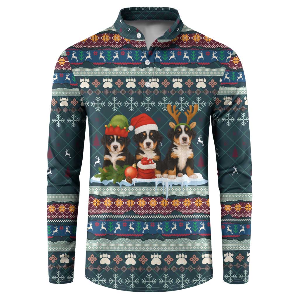 Bernese Mountain Dogs in Holiday Costumes Button Sweatshirt with Green Snowflake Pattern Design - Wonder Print Shop
