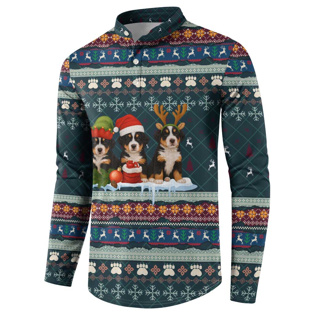 Bernese Mountain Dogs in Holiday Costumes Button Sweatshirt with Green Snowflake Pattern Design - Wonder Print Shop