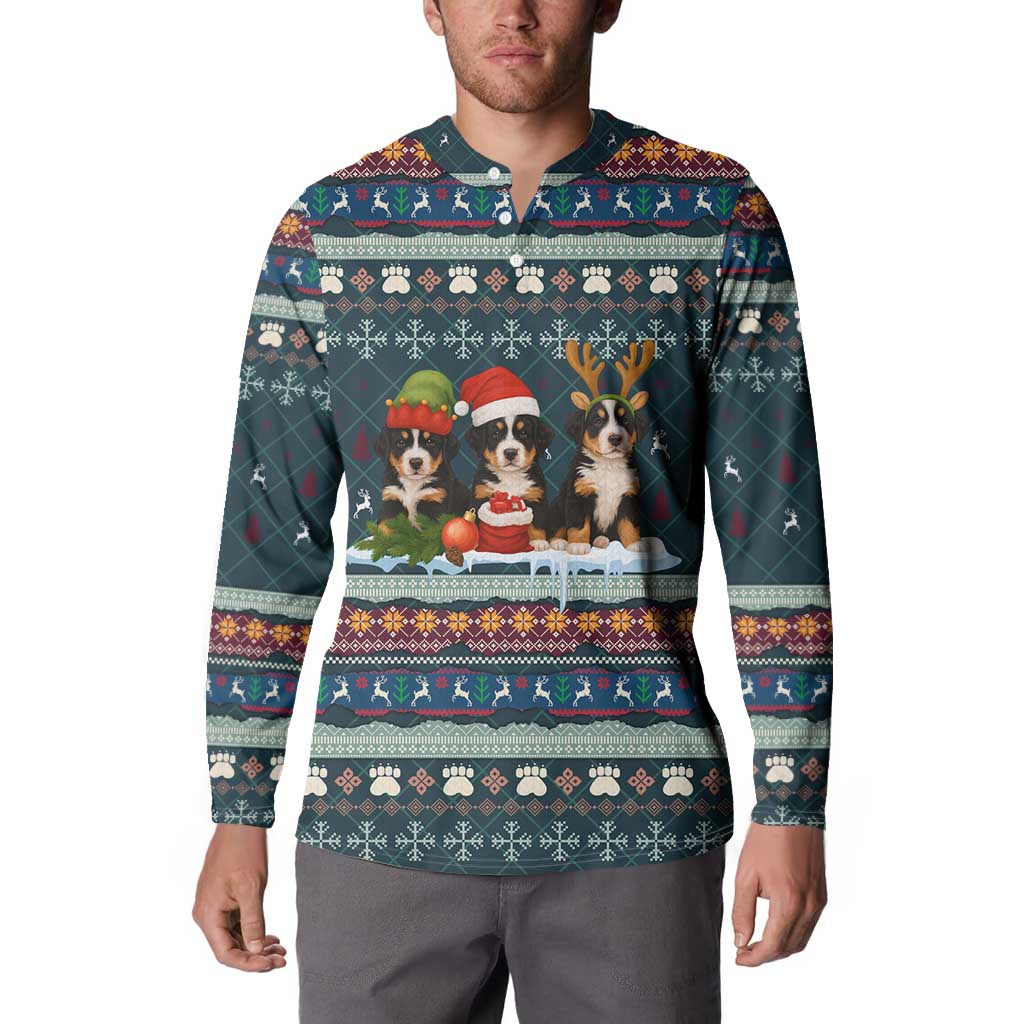 Bernese Mountain Dogs in Holiday Costumes Button Sweatshirt with Green Snowflake Pattern Design - Wonder Print Shop