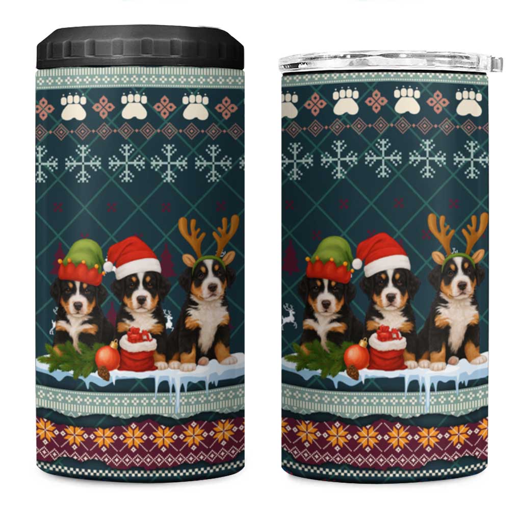 Bernese Mountain Dogs in Holiday Costumes 4 in 1 Can Cooler Tumbler with Green Snowflake Pattern Design - Wonder Print Shop