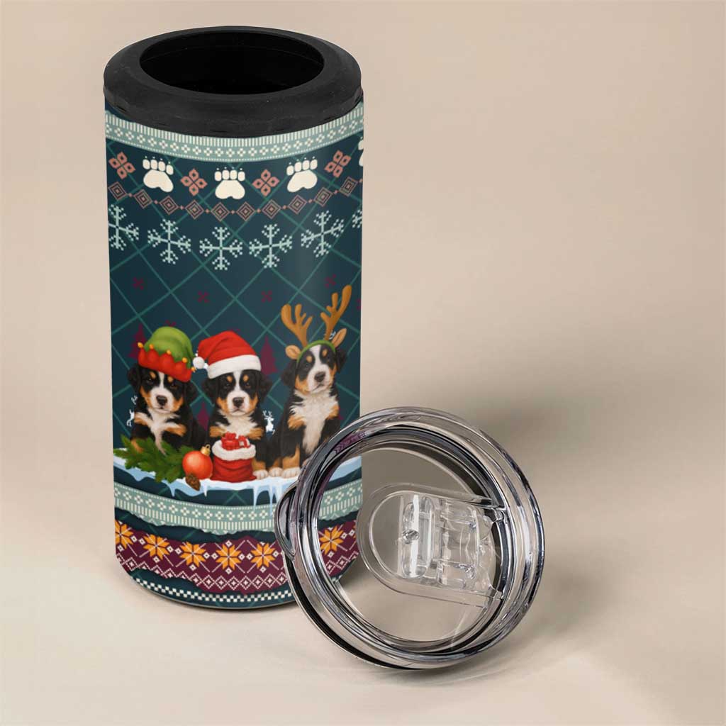Bernese Mountain Dogs in Holiday Costumes 4 in 1 Can Cooler Tumbler with Green Snowflake Pattern Design - Wonder Print Shop