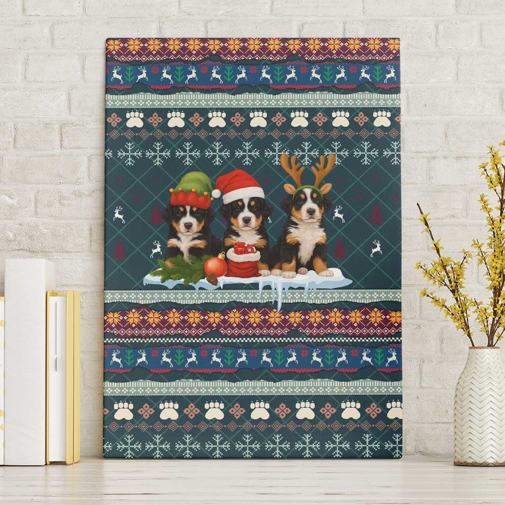 Bernese Mountain Dogs in Holiday Costumes Canvas Wall Art with Green Snowflake Pattern Design - Wonder Print Shop