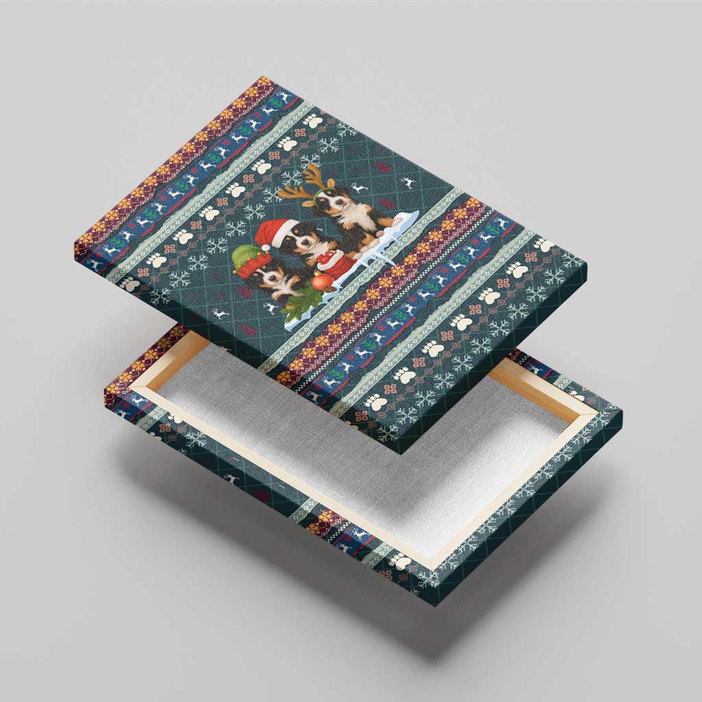 Bernese Mountain Dogs in Holiday Costumes Canvas Wall Art with Green Snowflake Pattern Design - Wonder Print Shop