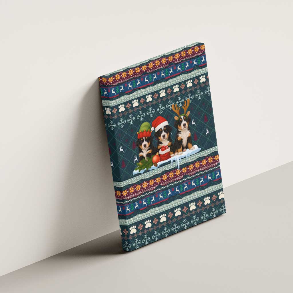 Bernese Mountain Dogs in Holiday Costumes Canvas Wall Art with Green Snowflake Pattern Design - Wonder Print Shop