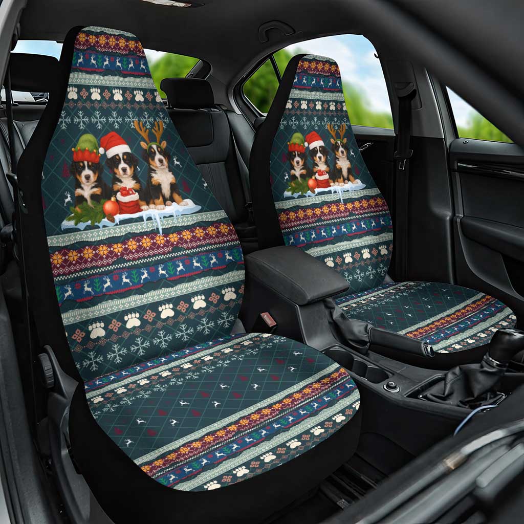 Bernese Mountain Dogs in Holiday Costumes Car Seat Cover with Green Snowflake Pattern Design - Wonder Print Shop