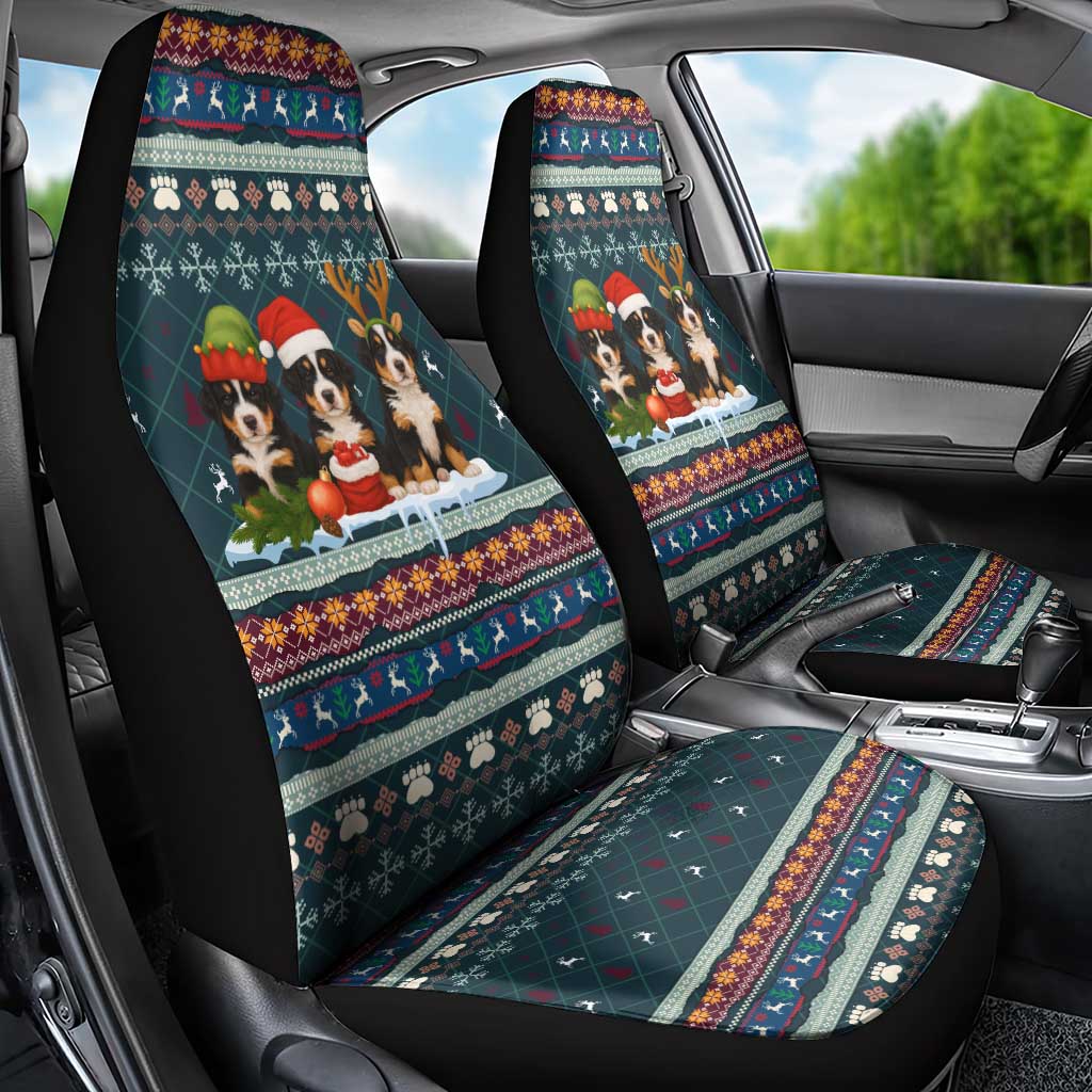 Bernese Mountain Dogs in Holiday Costumes Car Seat Cover with Green Snowflake Pattern Design - Wonder Print Shop