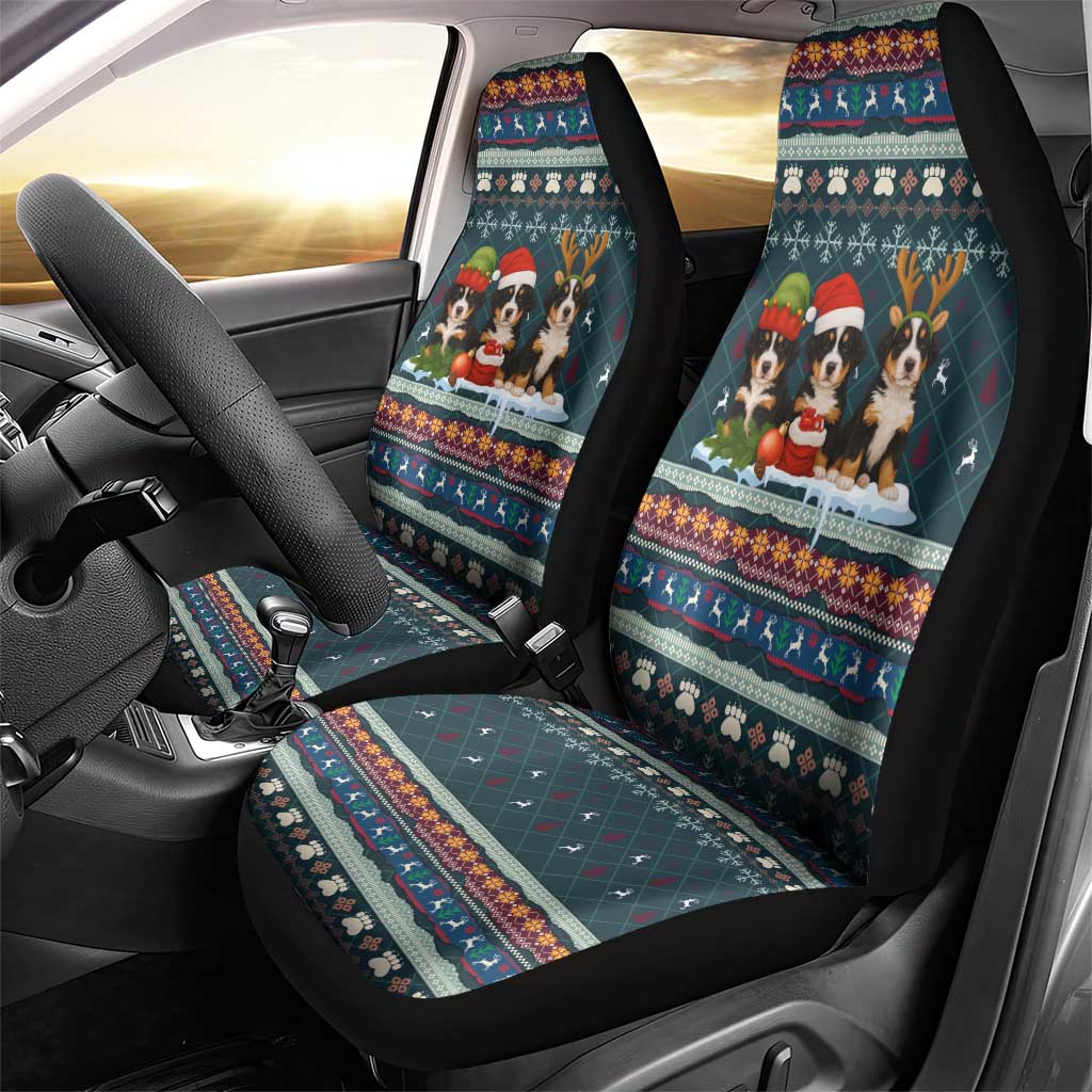 Bernese Mountain Dogs in Holiday Costumes Car Seat Cover with Green Snowflake Pattern Design - Wonder Print Shop