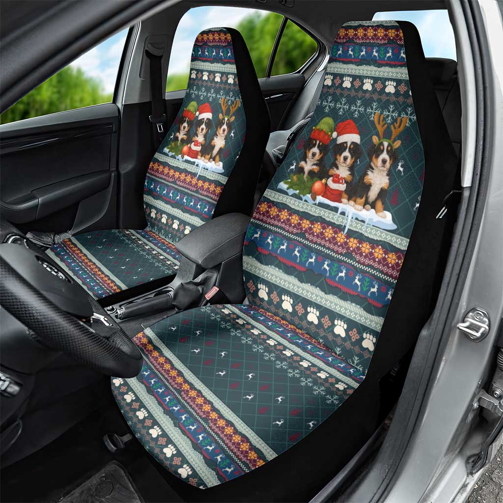 Bernese Mountain Dogs in Holiday Costumes Car Seat Cover with Green Snowflake Pattern Design - Wonder Print Shop