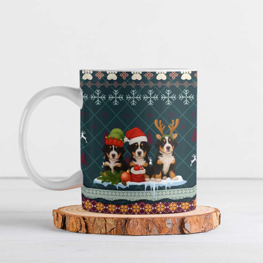 Bernese Mountain Dogs in Holiday Costumes Ceramic Mug with Green Snowflake Pattern Design - Wonder Print Shop