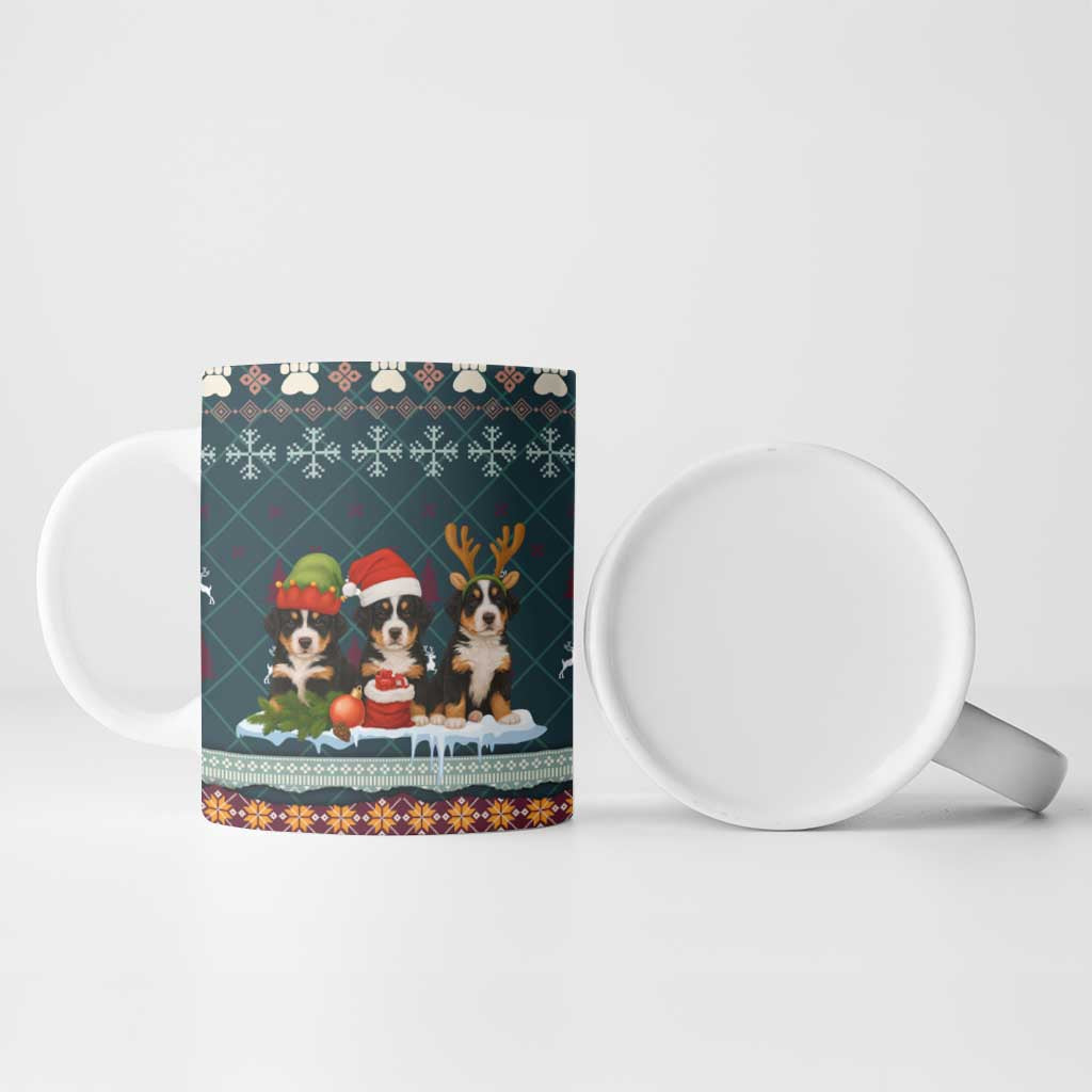 Bernese Mountain Dogs in Holiday Costumes Ceramic Mug with Green Snowflake Pattern Design - Wonder Print Shop