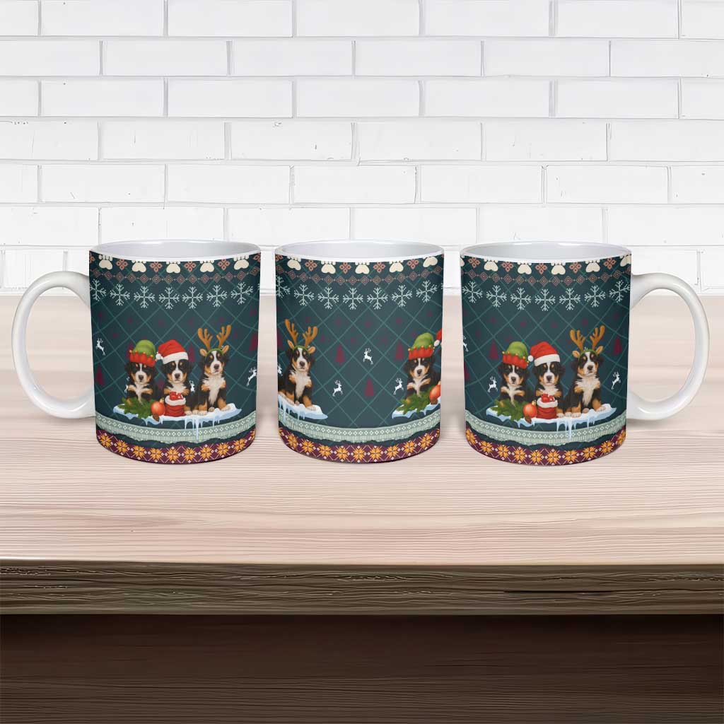 Bernese Mountain Dogs in Holiday Costumes Ceramic Mug with Green Snowflake Pattern Design - Wonder Print Shop