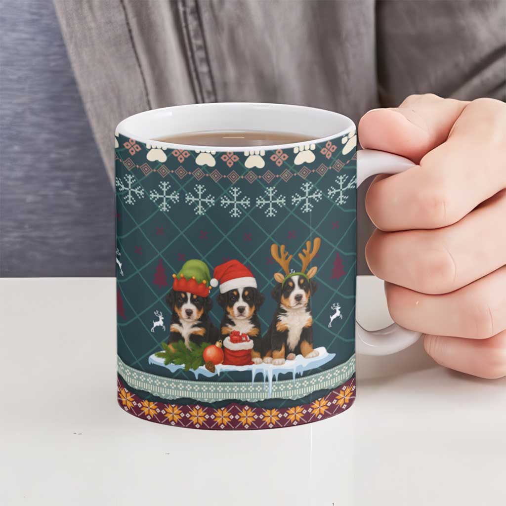 Bernese Mountain Dogs in Holiday Costumes Ceramic Mug with Green Snowflake Pattern Design - Wonder Print Shop