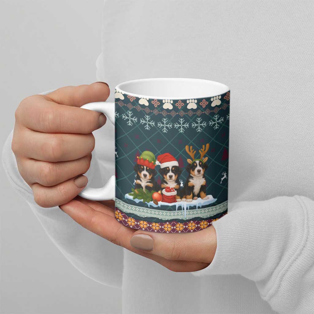 Bernese Mountain Dogs in Holiday Costumes Ceramic Mug with Green Snowflake Pattern Design - Wonder Print Shop