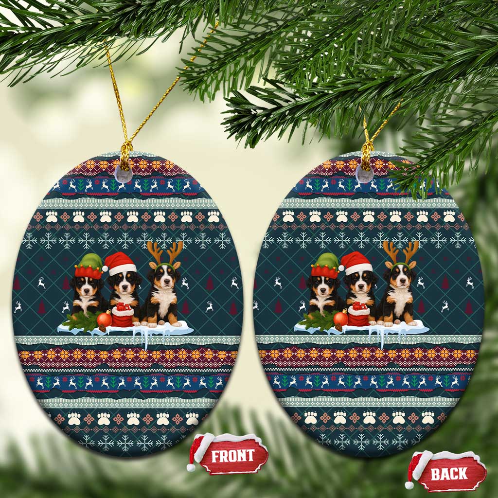 Bernese Mountain Dogs in Holiday Costumes Ceramic Ornament with Green Snowflake Pattern Design - Wonder Print Shop