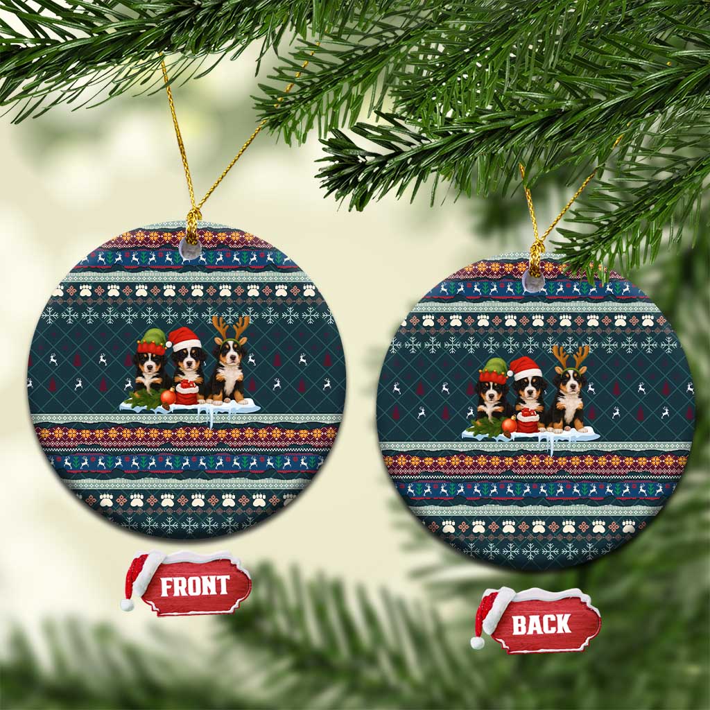 Bernese Mountain Dogs in Holiday Costumes Ceramic Ornament with Green Snowflake Pattern Design - Wonder Print Shop