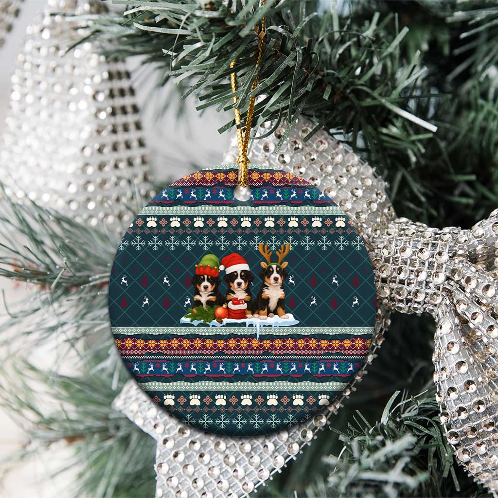 Bernese Mountain Dogs in Holiday Costumes Ceramic Ornament with Green Snowflake Pattern Design - Wonder Print Shop