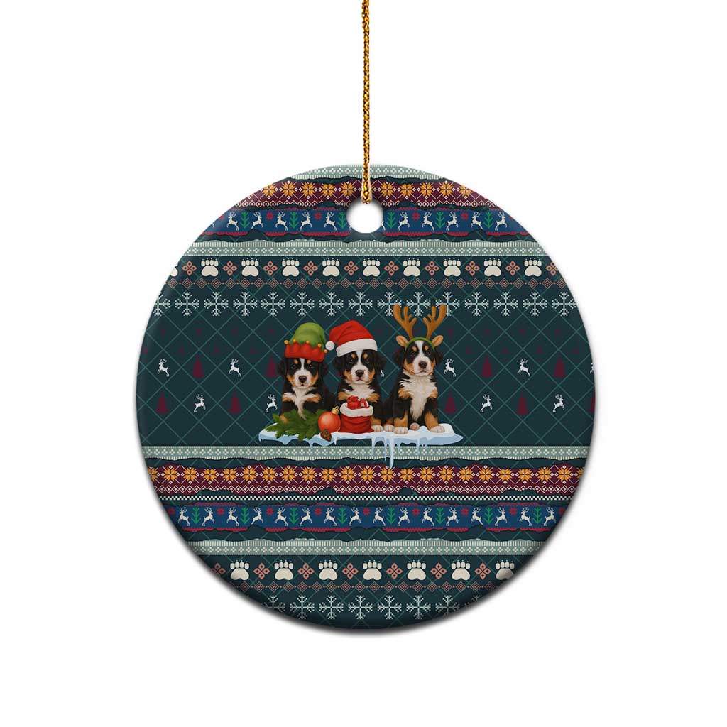 Bernese Mountain Dogs in Holiday Costumes Ceramic Ornament with Green Snowflake Pattern Design - Wonder Print Shop