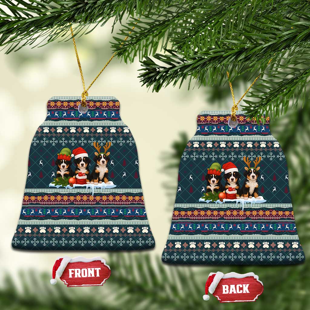 Bernese Mountain Dogs in Holiday Costumes Ceramic Ornament with Green Snowflake Pattern Design - Wonder Print Shop