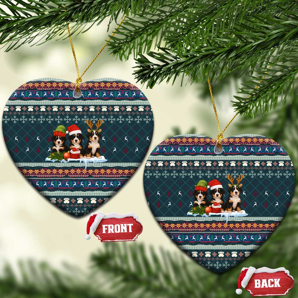 Bernese Mountain Dogs in Holiday Costumes Ceramic Ornament with Green Snowflake Pattern Design - Wonder Print Shop