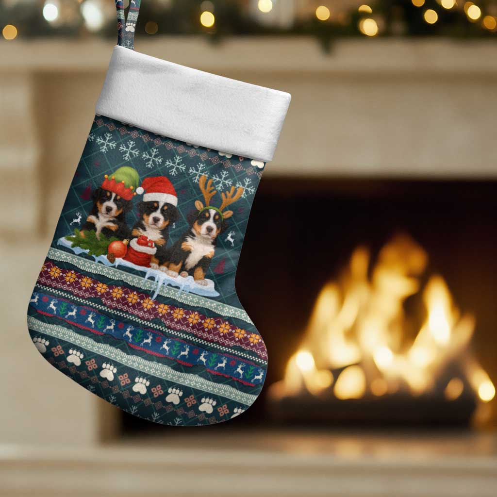 Bernese Mountain Dogs in Holiday Costumes Christmas Stocking with Green Snowflake Pattern Design - Wonder Print Shop