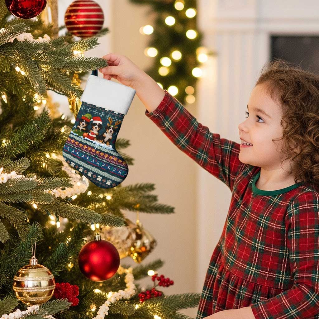 Bernese Mountain Dogs in Holiday Costumes Christmas Stocking with Green Snowflake Pattern Design - Wonder Print Shop