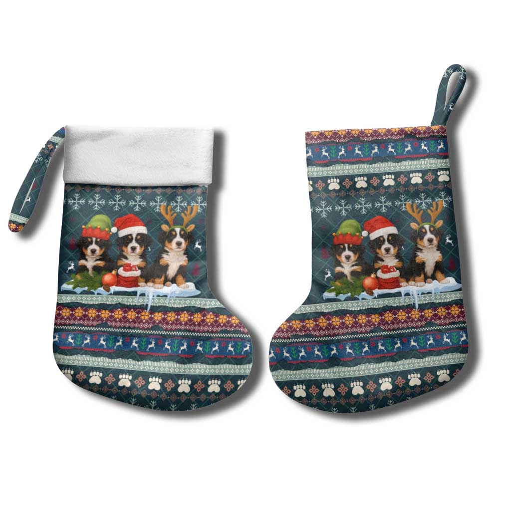 Bernese Mountain Dogs in Holiday Costumes Christmas Stocking with Green Snowflake Pattern Design - Wonder Print Shop