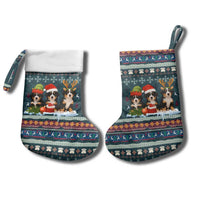 Bernese Mountain Dogs in Holiday Costumes Christmas Stocking with Green Snowflake Pattern Design - Wonder Print Shop