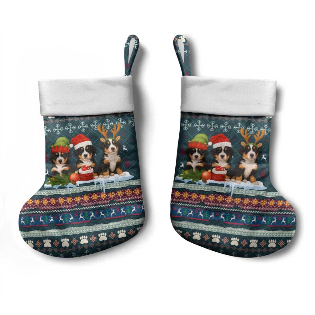 Bernese Mountain Dogs in Holiday Costumes Christmas Stocking with Green Snowflake Pattern Design - Wonder Print Shop