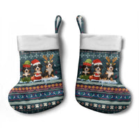 Bernese Mountain Dogs in Holiday Costumes Christmas Stocking with Green Snowflake Pattern Design - Wonder Print Shop