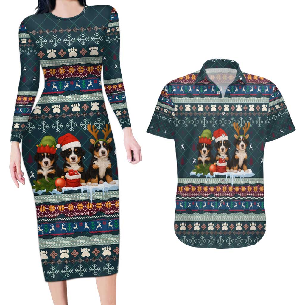 Bernese Mountain Dogs in Holiday Costumes Couples Matching Long Sleeve Bodycon Dress and Hawaiian Shirt with Green Snowflake Pattern Design - Wonder Print Shop