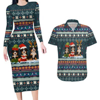 Bernese Mountain Dogs in Holiday Costumes Couples Matching Long Sleeve Bodycon Dress and Hawaiian Shirt with Green Snowflake Pattern Design - Wonder Print Shop