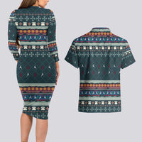 Bernese Mountain Dogs in Holiday Costumes Couples Matching Long Sleeve Bodycon Dress and Hawaiian Shirt with Green Snowflake Pattern Design - Wonder Print Shop
